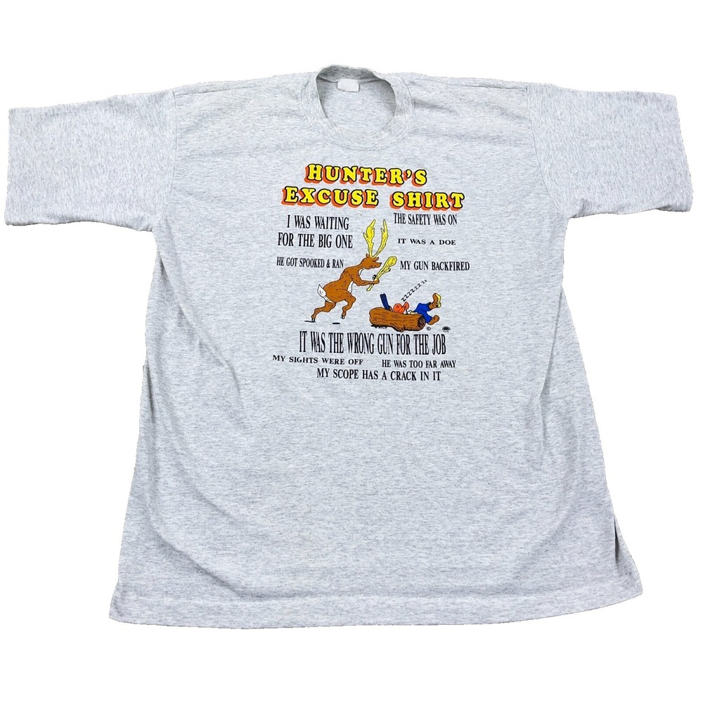 Vintage Hunter's Excuse Shirt Men Large Gray Tee 90s Single Stitch Joke Funny *
